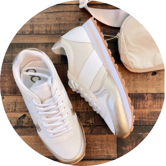 Monochromatic Metallic Champagne Retro Runner Sneakers - Picture 2 of 12